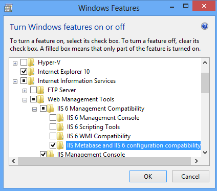 [Windows 功能] 對話方塊的螢幕擷取畫面。I I S Metabase 和 I I S 6 組態和相容性已醒目提示。