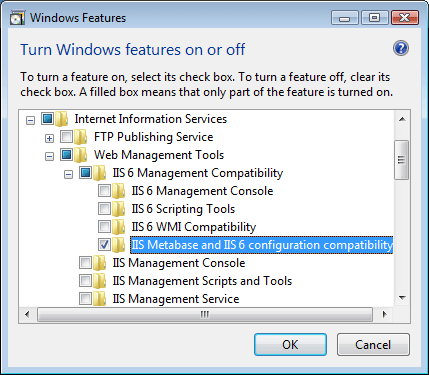 [Windows 功能] 對話方塊的螢幕擷取畫面。I I S Metabase 和 I S 6 組態和相容性會在展開的功能表中反白顯示。