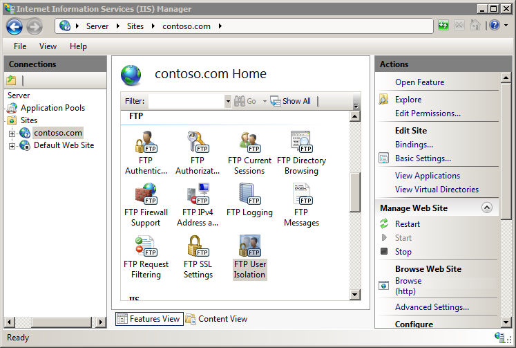 顯示主要窗格中網站 [首頁] 的 [I S 管理員] 視窗螢幕快照。已選取 F T P 使用者隔離圖示。