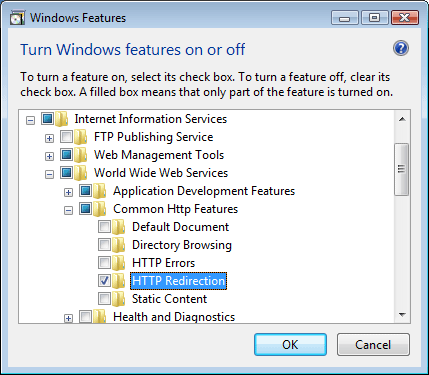 [Windows 功能] 對話方塊的螢幕擷取畫面。H T T P 重新導向已醒目提示。