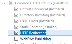 [伺服器角色] 頁面的螢幕快照。已選取 H T T P 重新導向並醒目提示。