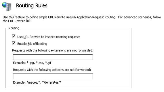 路由規則頁面的螢幕快照。核取 [使用 U R L 重寫檢查傳入要求] 旁的複選框，並同時核取 [啟用 S L 卸除]。