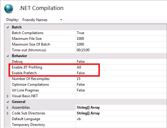 S P 點 NET 三點五點的點 NET 編譯螢幕擷取畫面。[啟用 J I T 分析] 和 [啟用預先擷取] 行為會反白顯示。