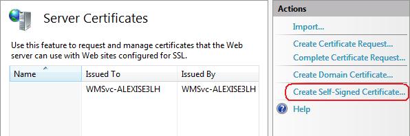 [伺服器憑證動作] 窗格的螢幕擷取畫面，其中強調 [建立自我簽署憑證]。