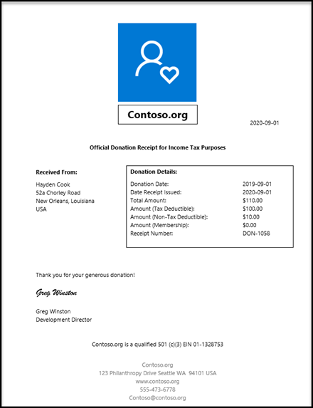 Fundraising and Engagement receipt example