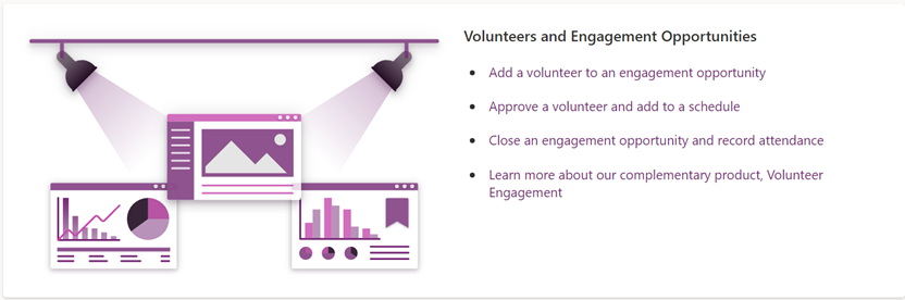 Screenshot of the Volunteer Management feature tile showing a series of links to create a user scenario.