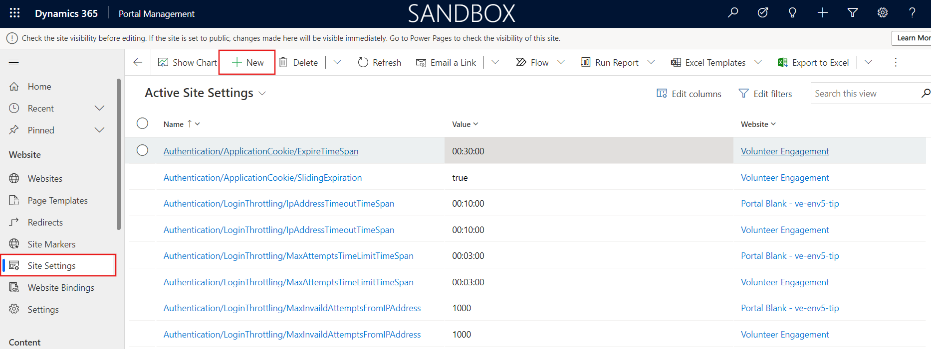 A screenshot.showing Active Site Settings.