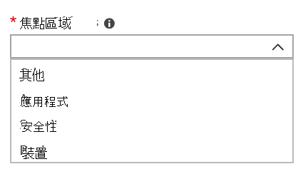 重點領域清單，例如 [其他]、[應用程式] 和 [安全性]。