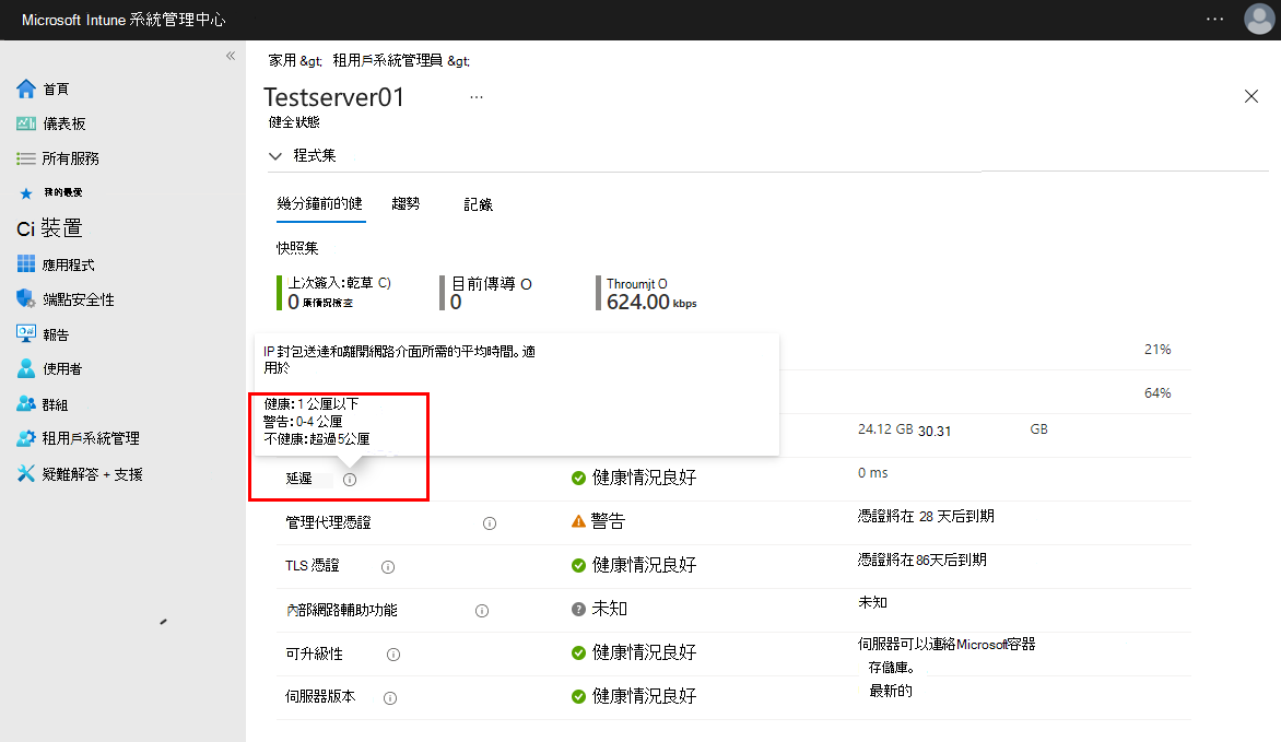 伺服器健康情況檢查檢視的螢幕快照。