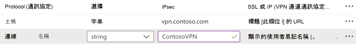 VPN 應用程式設定原則中的通訊協定、連線名稱和主機名範例，Microsoft Intune 使用組態 Designer