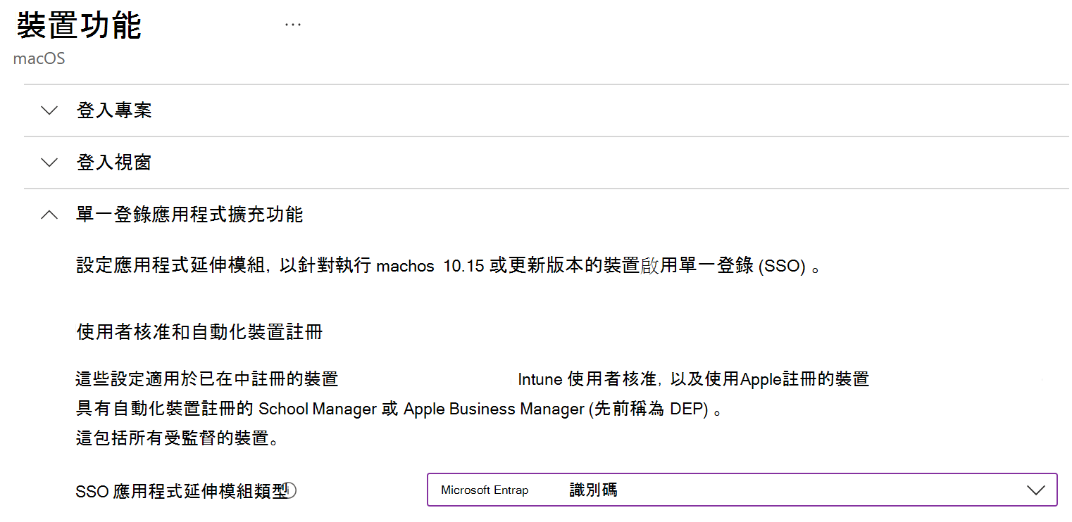 此螢幕快照顯示 Intune 中macOS的 SSO 應用程式延伸模組類型和 Microsoft Entra ID