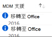 此螢幕快照顯示不支援的舊版 Office 設定，並建議在 Microsoft Intune 中移轉至支援的版本。