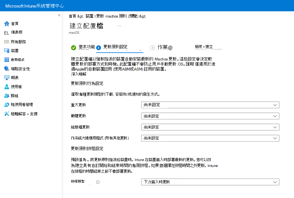 [更新原則設定] 頁面的螢幕快照。