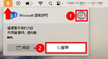 macOS 麥克風共用對話框的螢幕快照，允許螢幕畫面共用 Microsoft 遠端說明