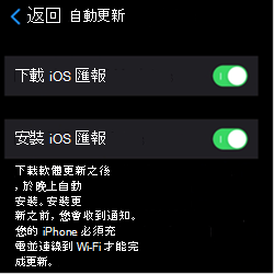 顯示 iOS/iPadOS Apple 裝置上自動更新設定的螢幕快照。