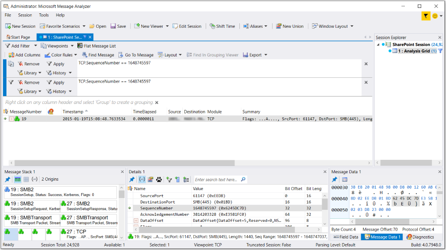 Message Analyzer TCP Filter, TCP Viewpoint, and Viewpoint Filter Applied.png