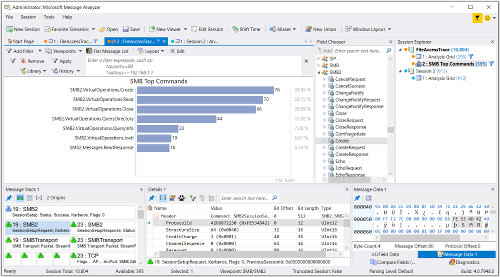 Message Analyzer SMB Top Commands Chart viewer Layout