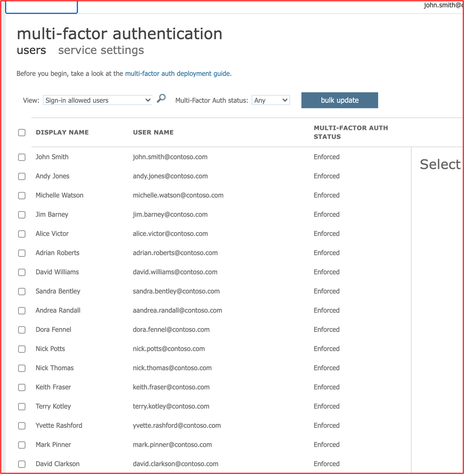 螢幕快照顯示所有 Azure 使用者都已啟用 MFA。