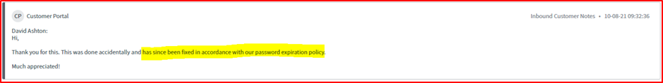 此螢幕快照顯示確認這已由 David Ashton @ Contoso 透過 ServiceNow 客戶入口網站內的更新來解決。