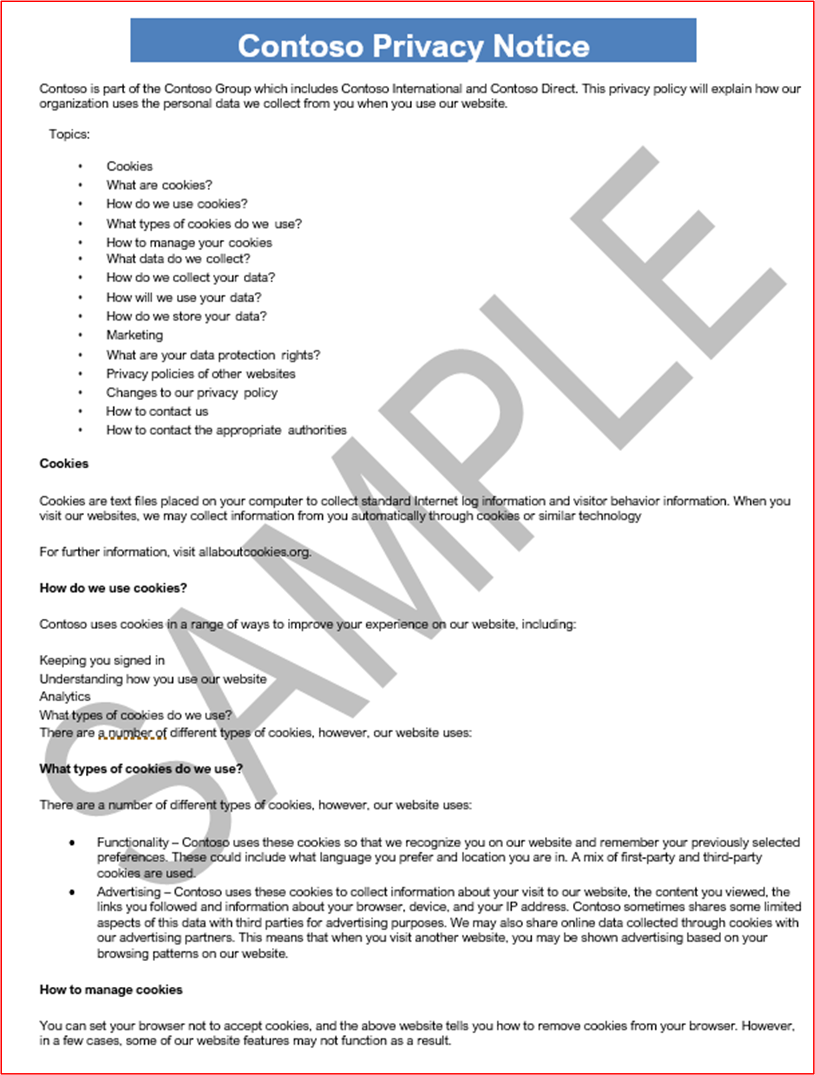 Contoso 隱私權注意事項 1 的螢幕快照