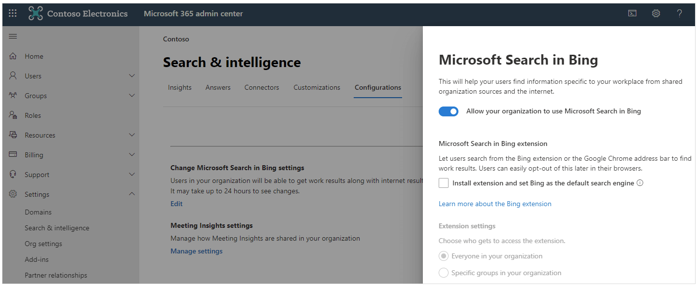 在 Bing 中設定 Microsoft 搜尋的 Microsoft 365 系統管理中心 設定螢幕快照，包括延伸模組設定和搜尋結果組態。