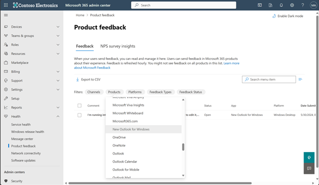 Microsoft 365 系統管理中心 [產品意見反應] 頁面，其中顯示選取 Windows 新 Outlook 等產品的選項。