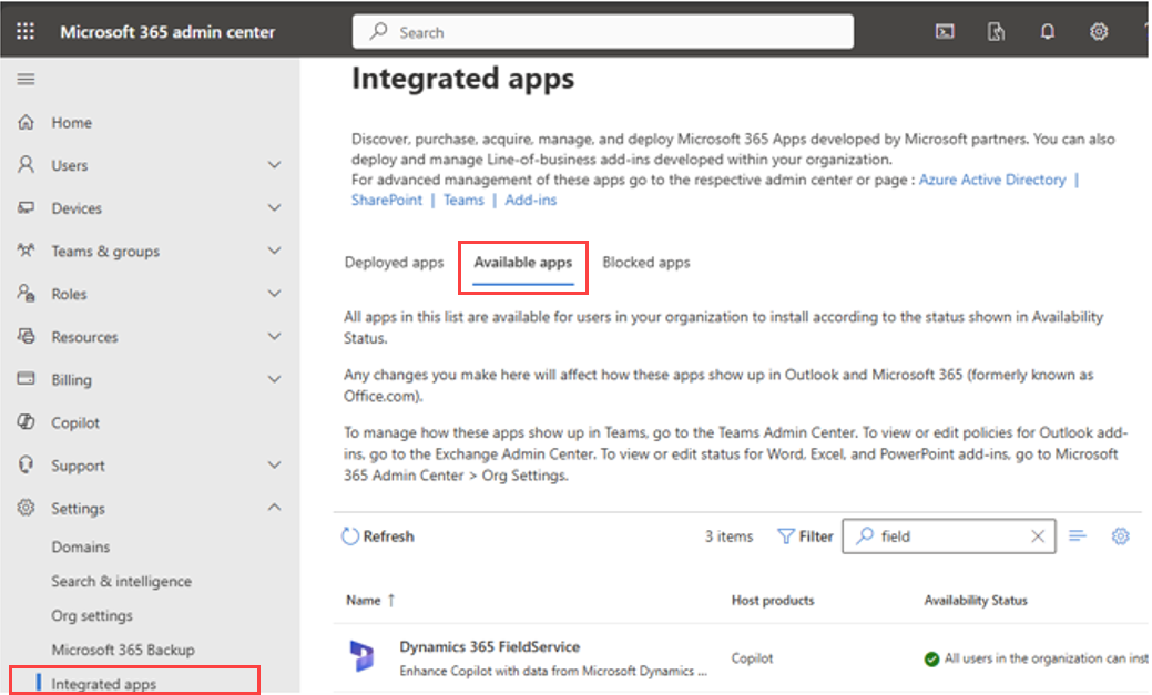 Screenshot showing Microsoft Dynamics 365 Field Service as an available integrated app in Microsoft 365 admin center.