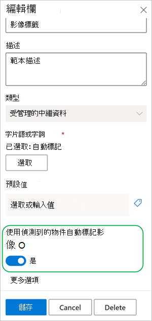 顯示 [影像卷標] 資料行之 [數據行設定] 面板的螢幕快照。