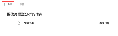「要分析模型的檔案」頁面顯示 [新增] 按鈕的螢幕擷取畫面。