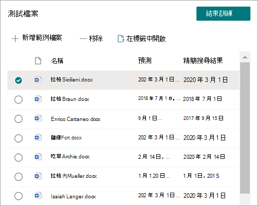 顯示 [精簡搜尋結果] 資料行的 [測試檔案] 清單。