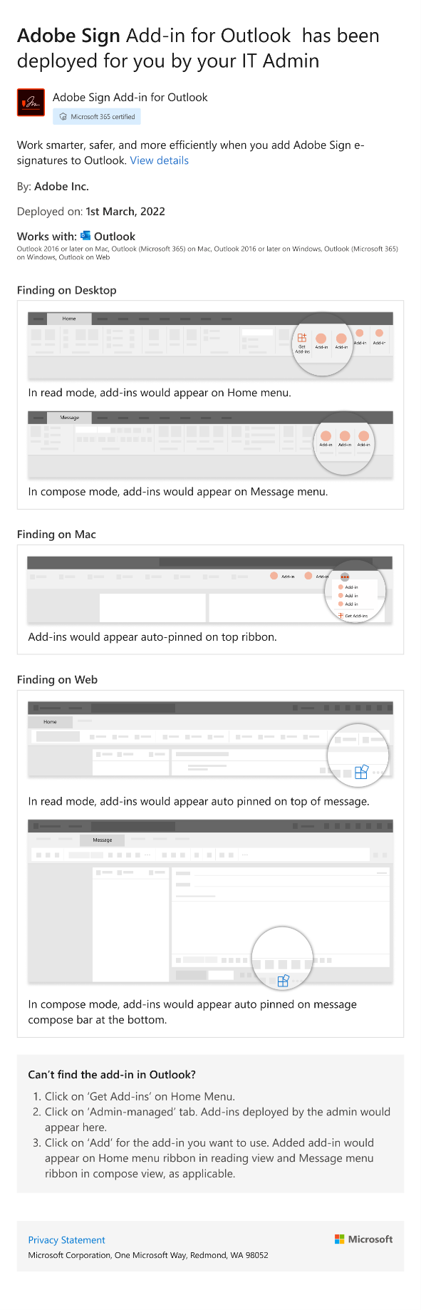 部署 Outlook 載入宏時的電子郵件範例。