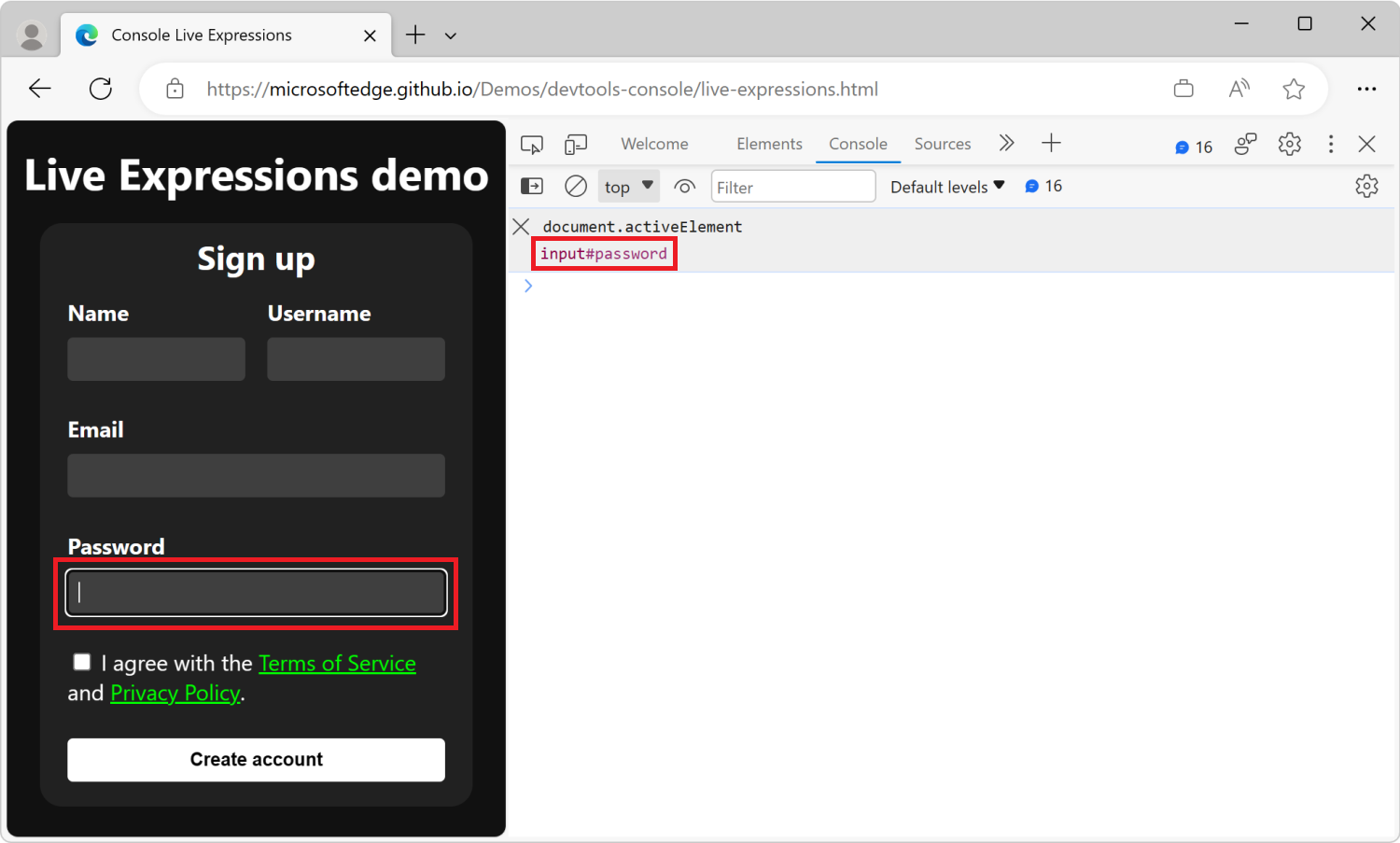 控制台工具的動態表達式列位於工具欄下方，顯示 JavaScript 運算式 document.activeElement 及其目前結果：input#password