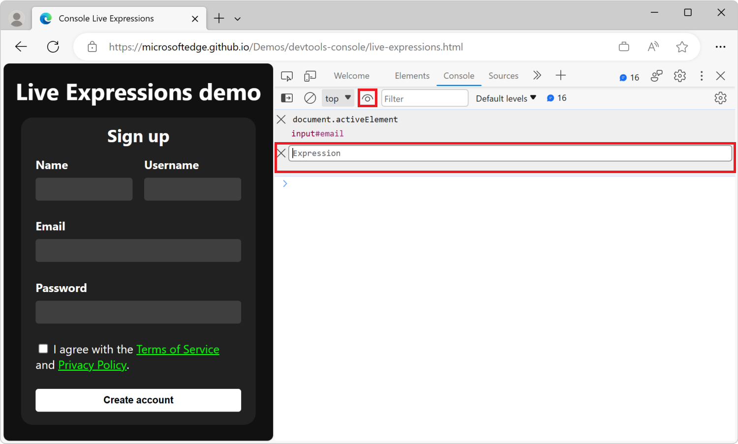 DevTools 中的控制台工具，其下方有即時表達式和新的實時表示式文本框