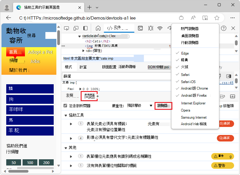 The Issues panel with the Browser dropdown list expanded, showing the different browsers that can be selected