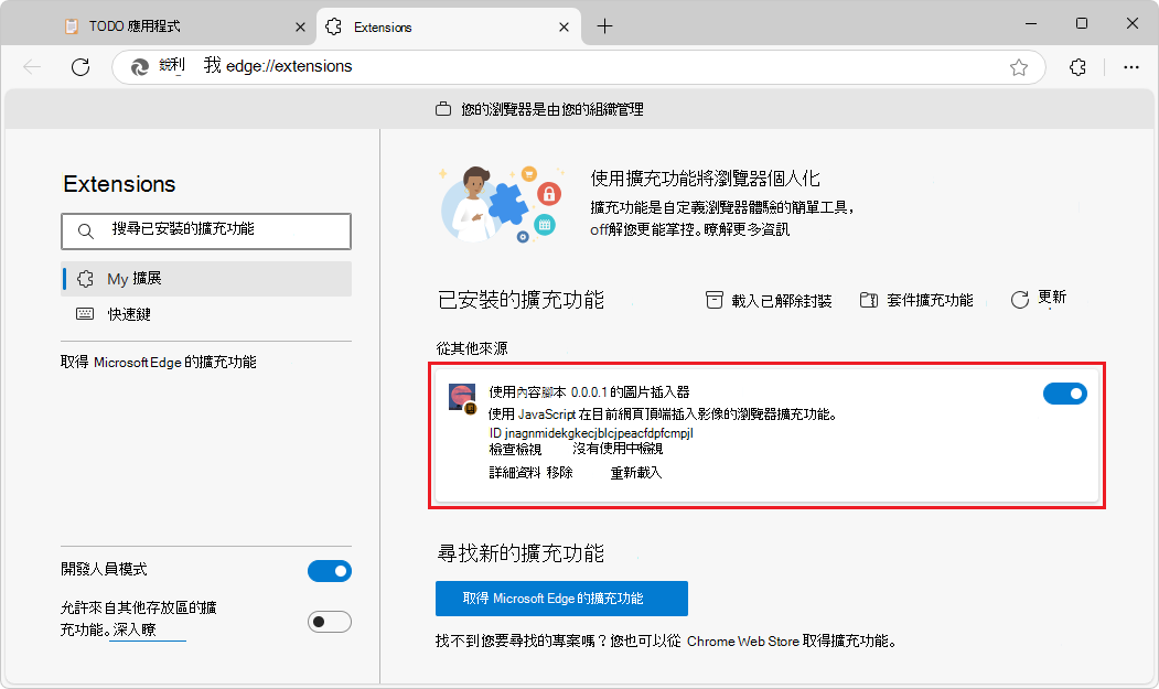 已安裝的擴充功能頁面，顯示側載延伸模組