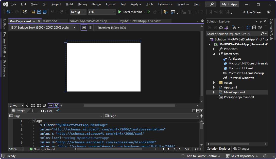 MainPage.xaml 程式代碼和 Designer 視窗