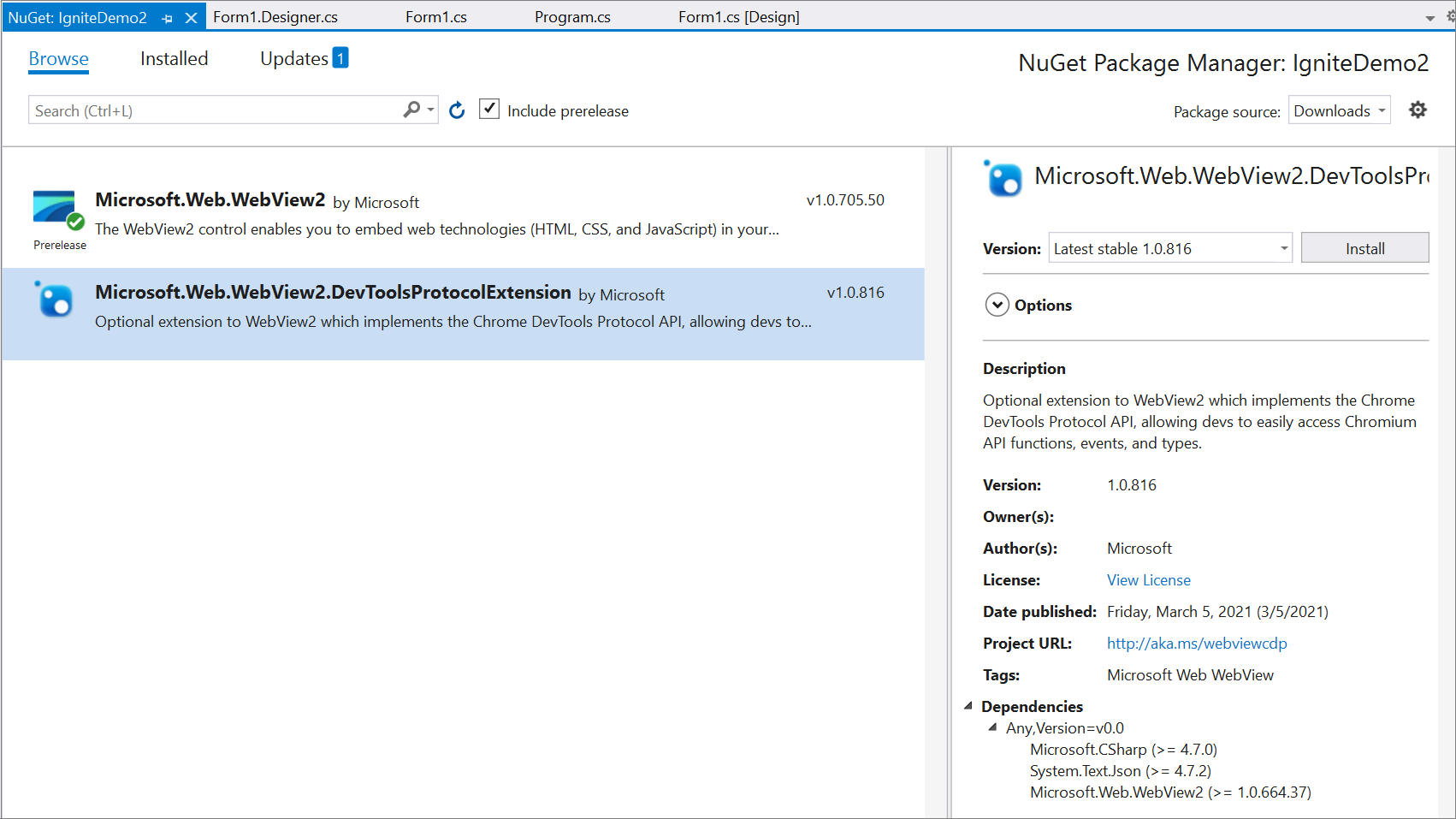 確定 visual Studio NuGet 套件管理員中已顯示 Microsoft.Web.WebView2.DevToolsProtocolExtension