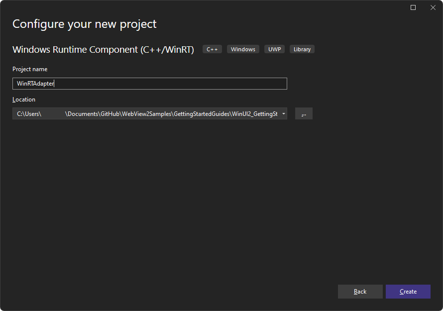 在 [設定新專案] 視窗中，將專案命名為 'WinRTAdapter'