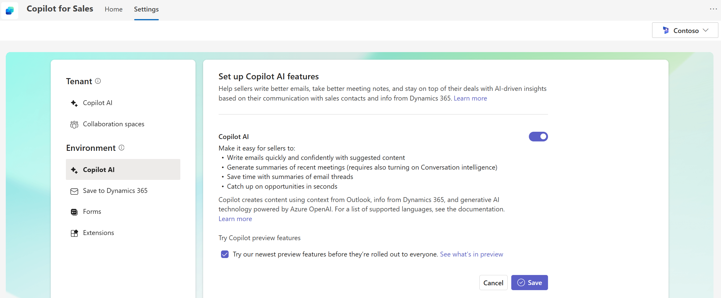 環境的 Copilot for Sales 設定螢幕擷取畫面。