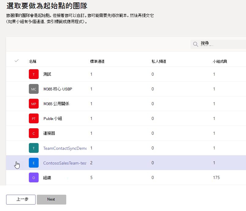 已醒目提示一個團隊的團隊清單影像。