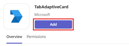 Screenshot of TabAdaptiveCard with Add option highlighted in red.