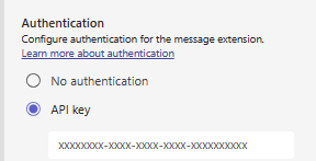 Screenshot shows an example of the Authentication section with none and API key options in Developer Portal for Teams.