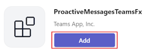 Screenshot of message extension details dialog with the Add option highlighted.