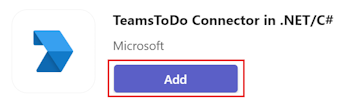 Screenshot of TeamsTodo Connector in .NET/C# with Add to a team highlighted in red.