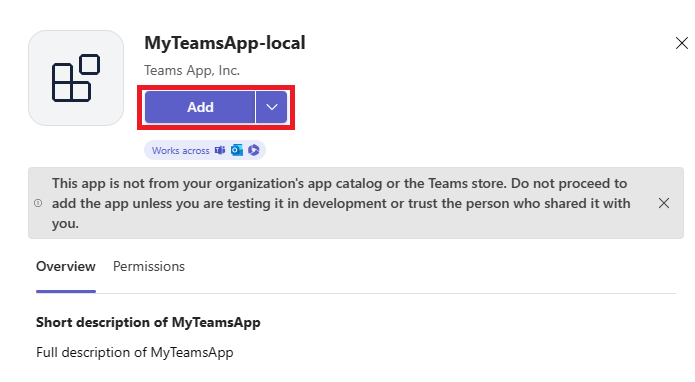 Screenshot of the app details dialog to add the tab app to Teams.