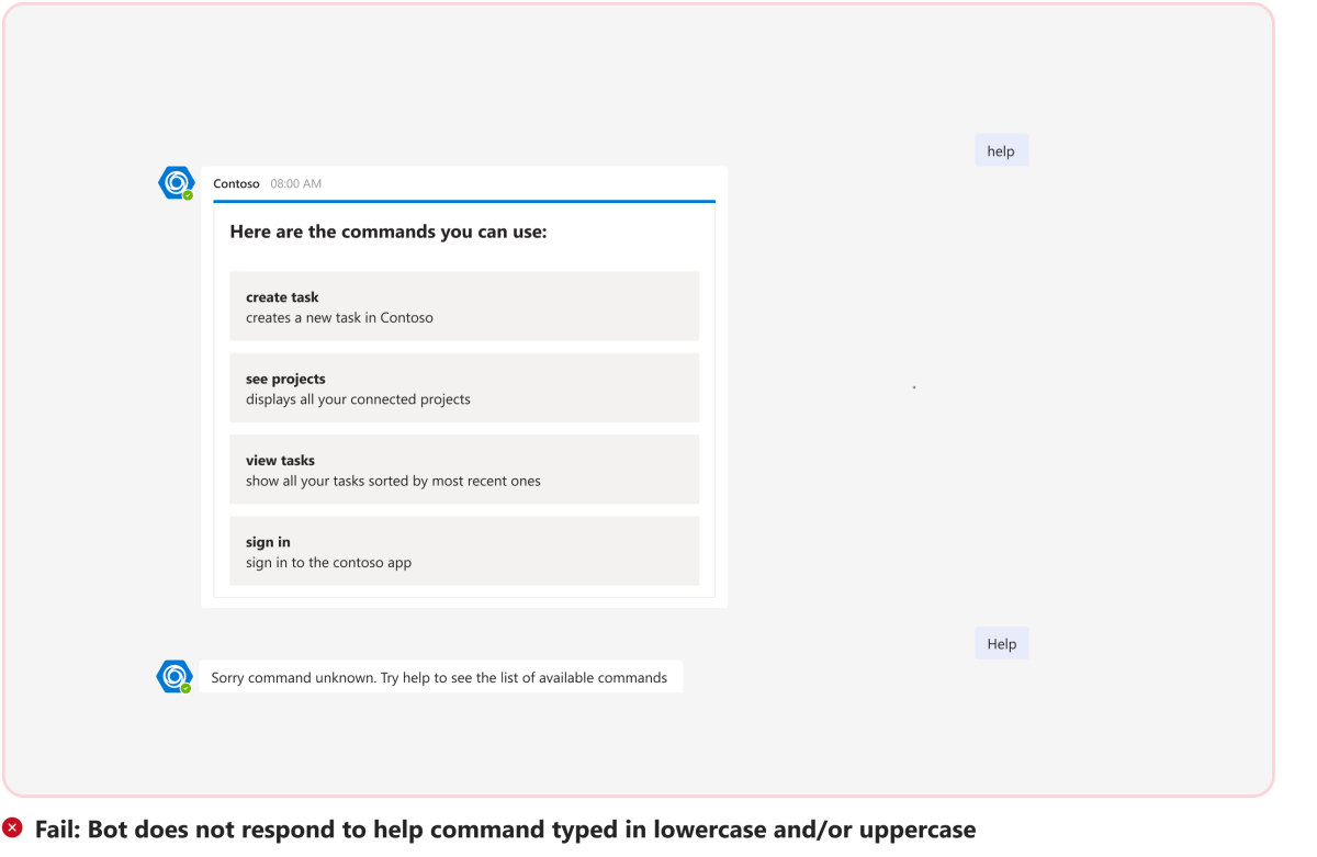 Graphic shows an example of bot not providing a valid response for a command in lowercase or uppercase.