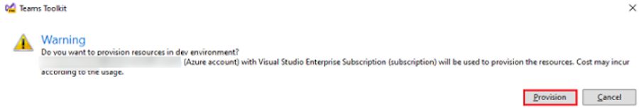 Screenshot of Teams Toolkit with Provision highlighted in red.