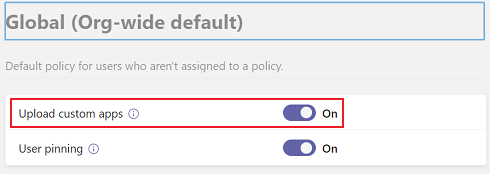 Screenshot shows the Upload custom apps toggle highlighted.