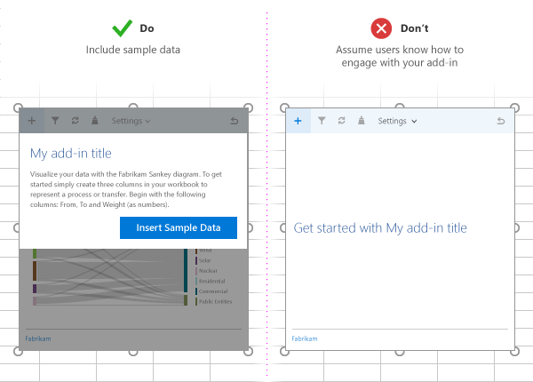 A "Do" versus "Don't" comparison on including an option to insert sample data in your add-in. The "Do" example shows an add-in that includes a button users can click to insert sample data. The "Don't" example shows an add-in without sample data or buttons.