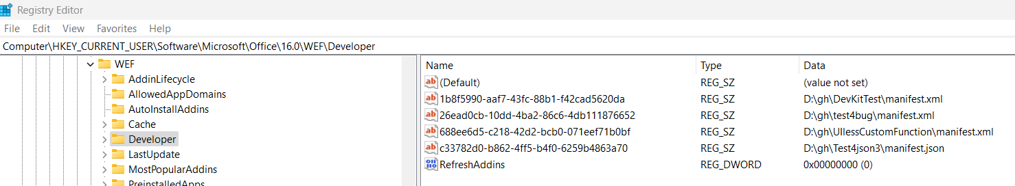 The Windows registry for the key named Computer\HKEY_CURRENT_USER\Software\Microsoft\Office\16.0\WEF\Developer.